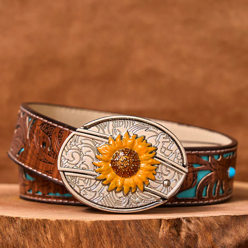 Men's Colorful Sunflower DIY Hidden Knife Western Buckle Leather Belt (Pre-Sale) - Image 5