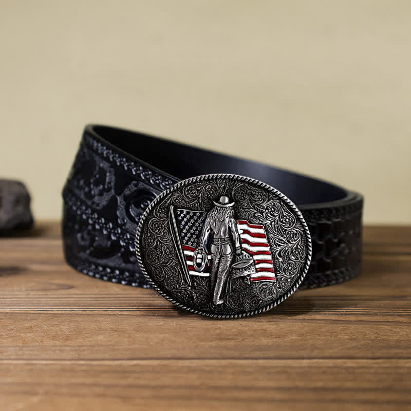 Men's DIY Cowboy American Flag Buckle Leather Belt - Image 15