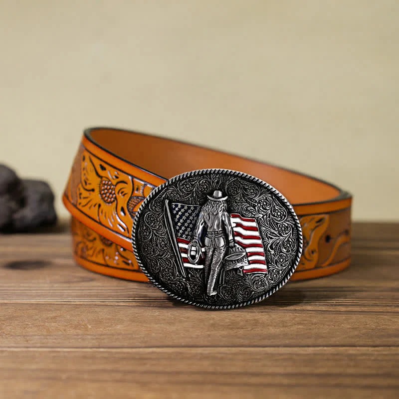 Men's DIY Cowboy American Flag Buckle Leather Belt - Image 21