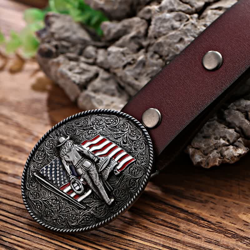 Men's DIY Cowboy American Flag Buckle Leather Belt - Image 4