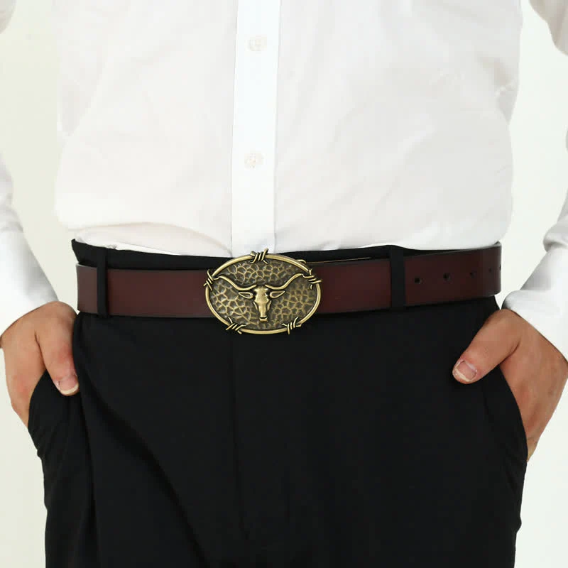 Men's DIY Cowboy Bull Head Hammered Buckle Leather Belt - Image 6