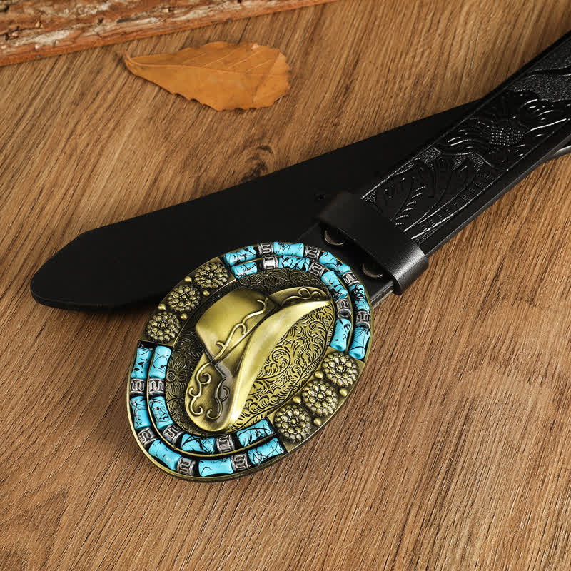 Men's Cowboy Gold Hat Turquoise Decor Leather Belt - Image 6
