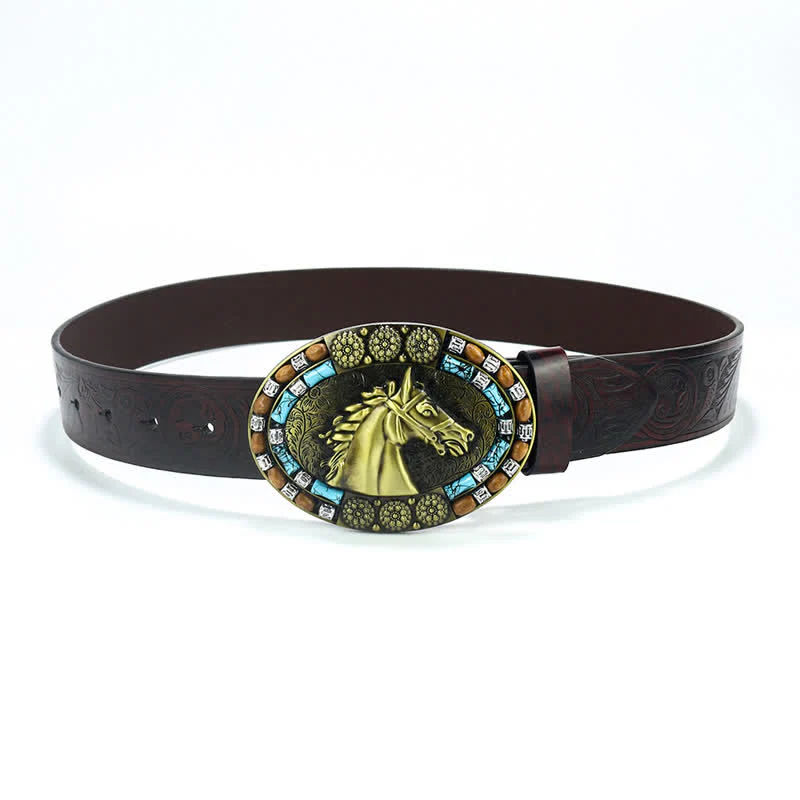 Men's Cowboy Horse Head Turquoise Leather Belt - Image 3