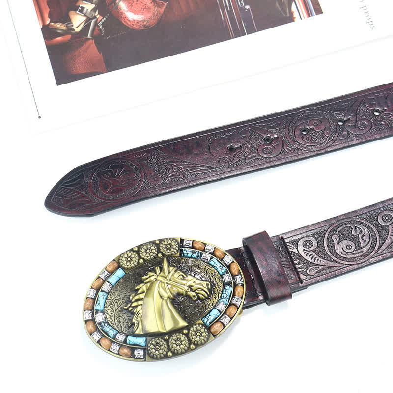 Men's Cowboy Horse Head Turquoise Leather Belt - Image 4