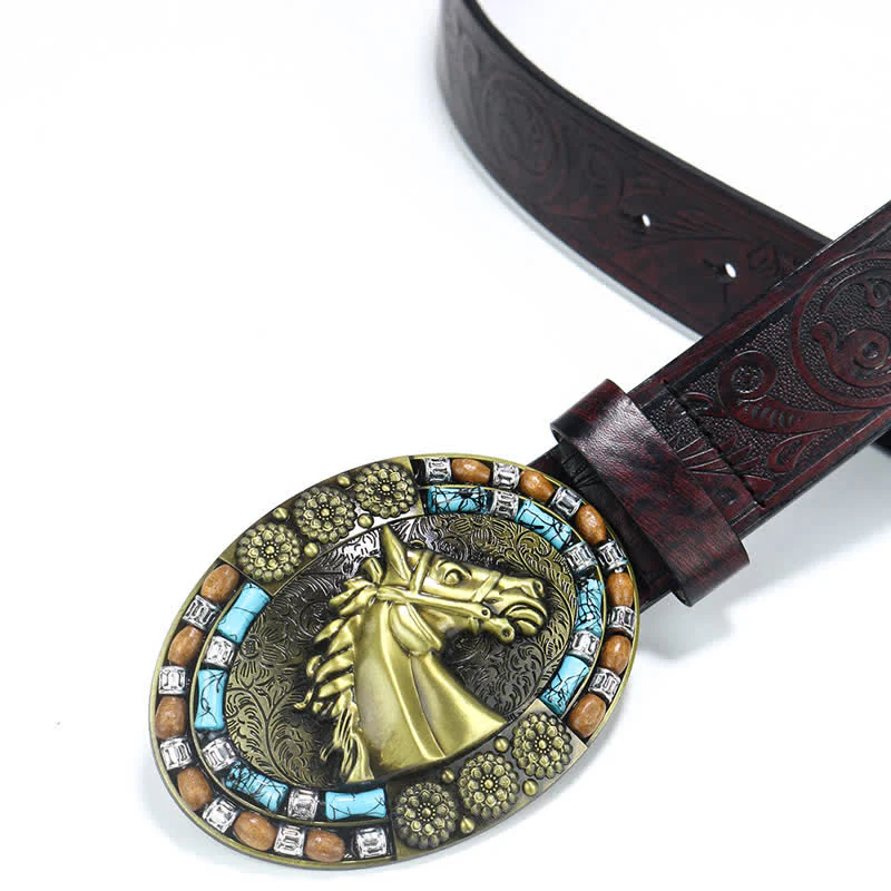Men's Cowboy Horse Head Turquoise Leather Belt - Image 5
