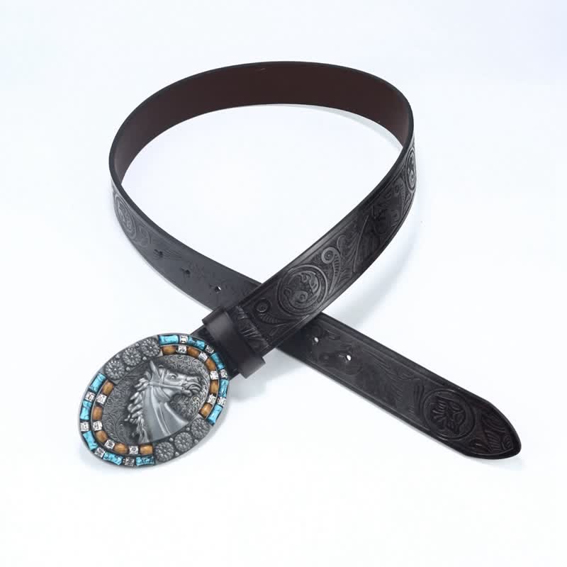 Men's Cowboy Horse Head Turquoise Leather Belt - Image 8