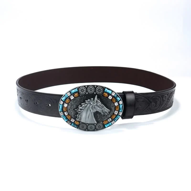 Men's Cowboy Horse Head Turquoise Leather Belt - Image 9