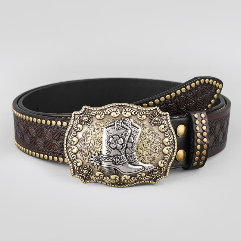 Men's Cowboy Shoes Studded Decor Leather Belt - Image 3