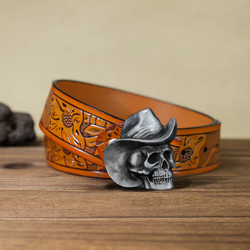 Men's DIY Creative Skull Head With Hat Buckle Leather Belt - Image 16