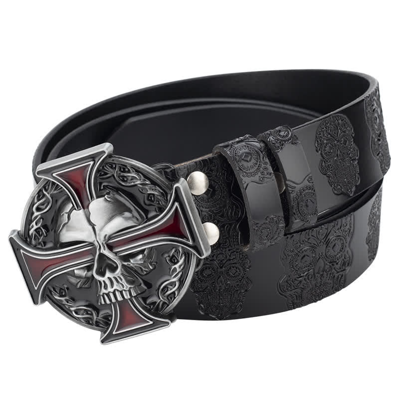 Men's Cross Skull Embossed Pattern Leather Belt - Image 3