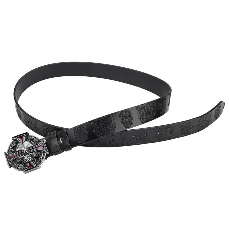 Men's Cross Skull Embossed Pattern Leather Belt - Image 4
