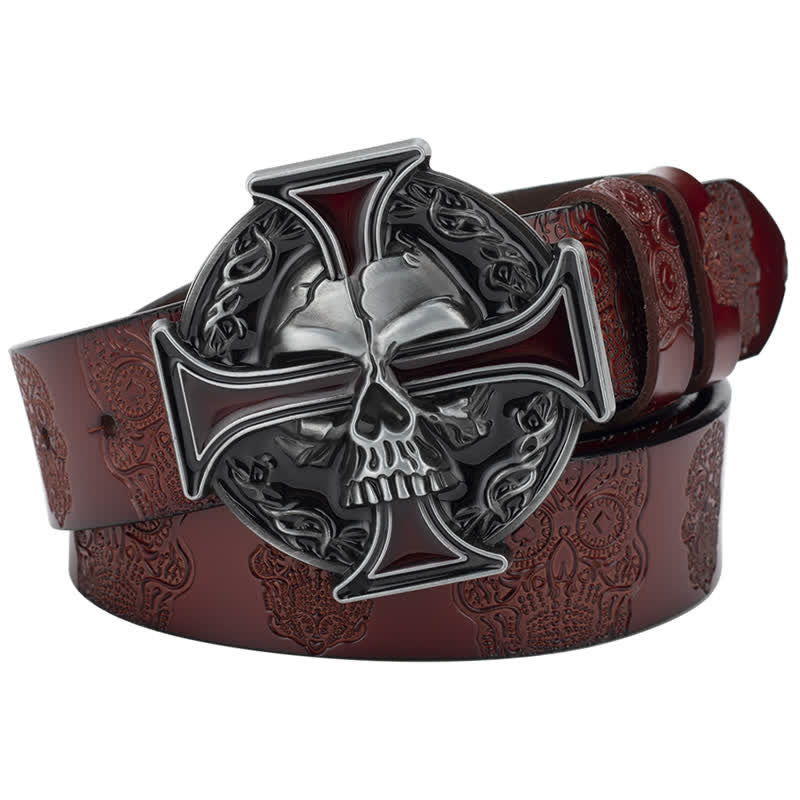 Men's Cross Skull Embossed Pattern Leather Belt - Image 9