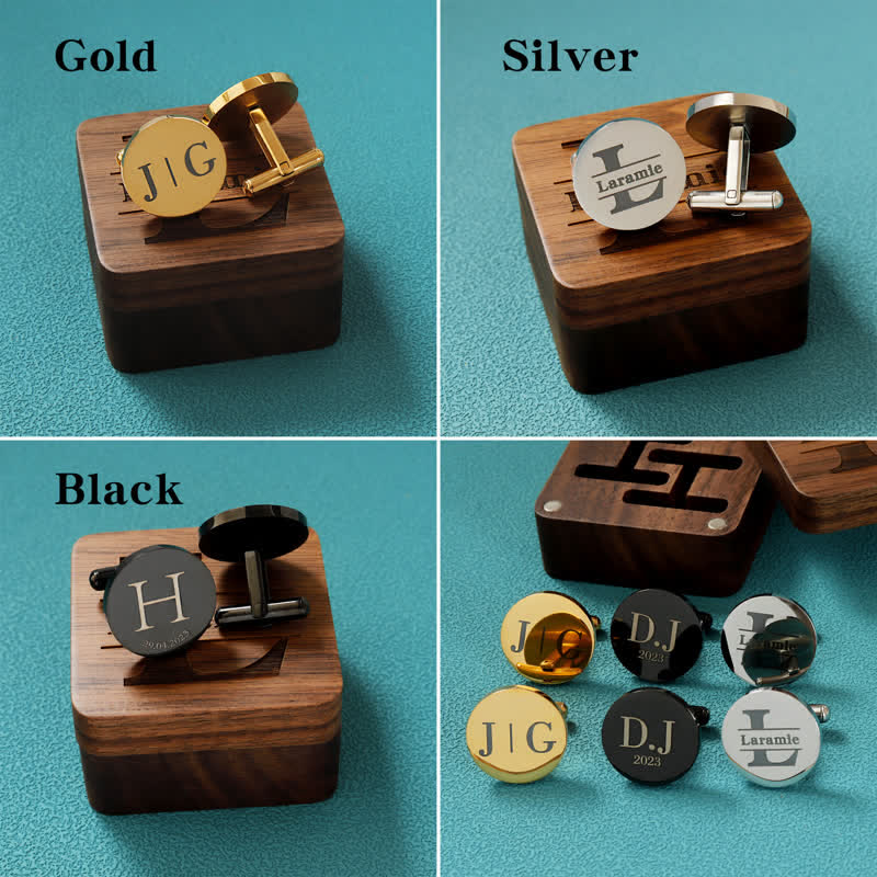 Men's Custom Engraving Box Surface Wedding Day Wooden Cufflinks Set - Image 5