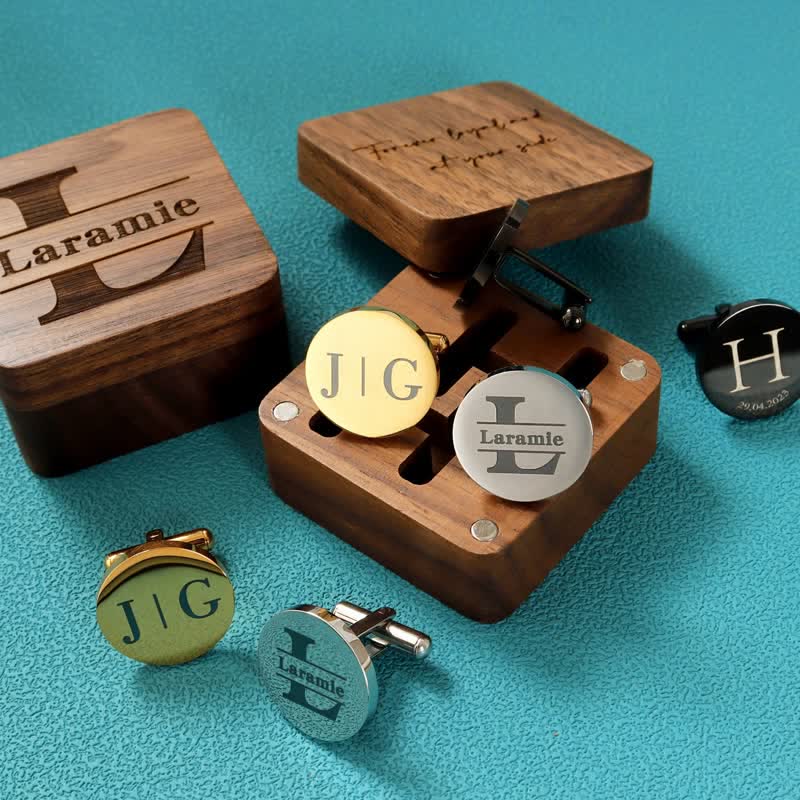 Men's Custom Engraving Box Surface Wedding Day Wooden Cufflinks Set - Image 6
