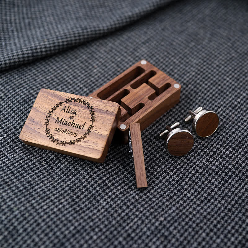 Men's Custom Engraving Box Surface Wedding Day Wooden Cufflinks Set - Image 4