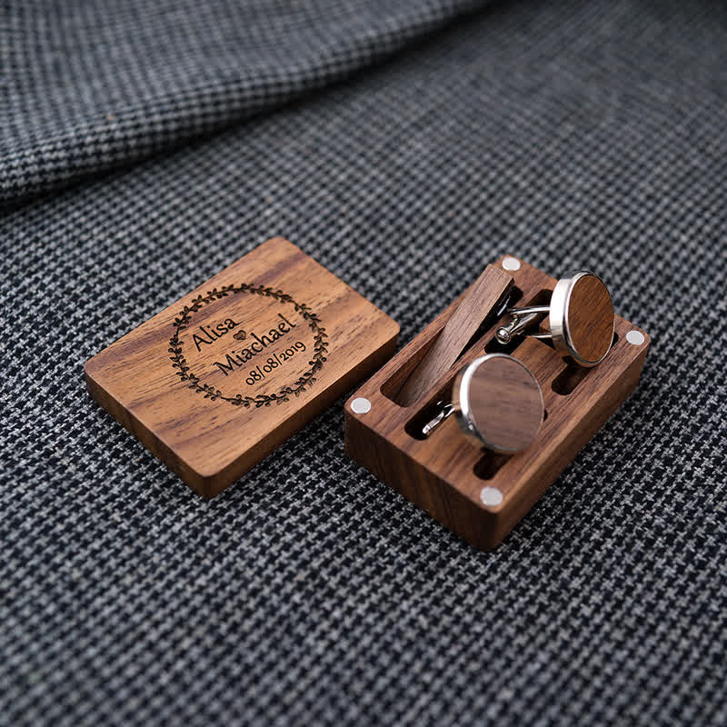 Men's Custom Engraving Box Surface Wedding Day Wooden Cufflinks Set - Image 5