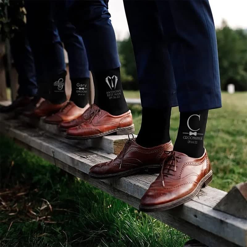 Men's Custom Name Black Groomsmen Wedding Crew Socks - Image 5