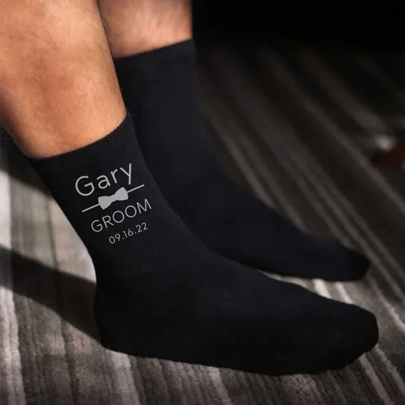 Men's Custom Name Black Groomsmen Wedding Crew Socks - Image 7