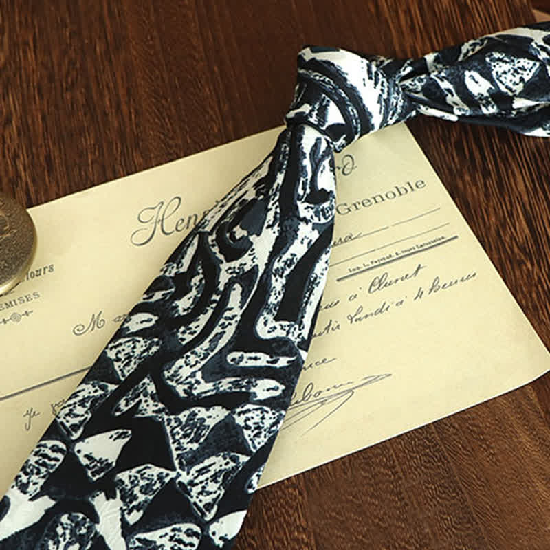 Men's Dark Blue Abstract Printed White Necktie - Image 2
