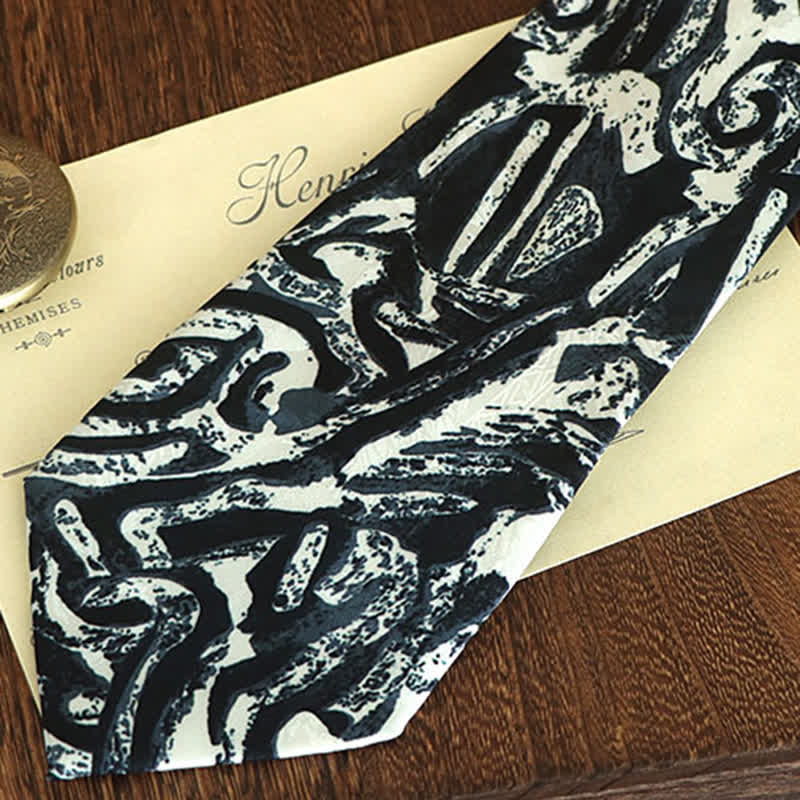 Men's Dark Blue Abstract Printed White Necktie - Image 3