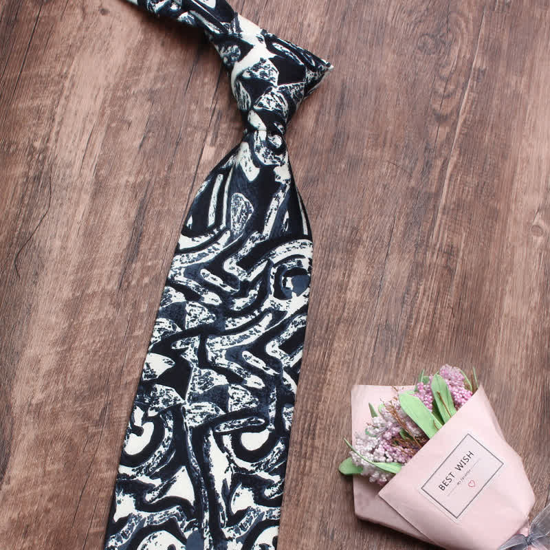 Men's Dark Blue Abstract Printed White Necktie - Image 4