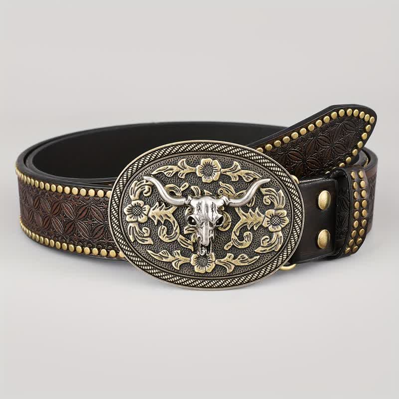 Men's Dark Brown Bull Head Embossed Leather Belt - Image 2