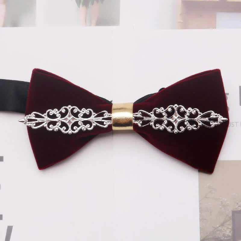 Men's Dark Burgundy Gold Silver Floral Metal Bow Tie - Image 4