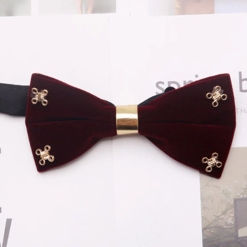 Men's Dark Burgundy Gold Silver Floral Metal Bow Tie - Image 5