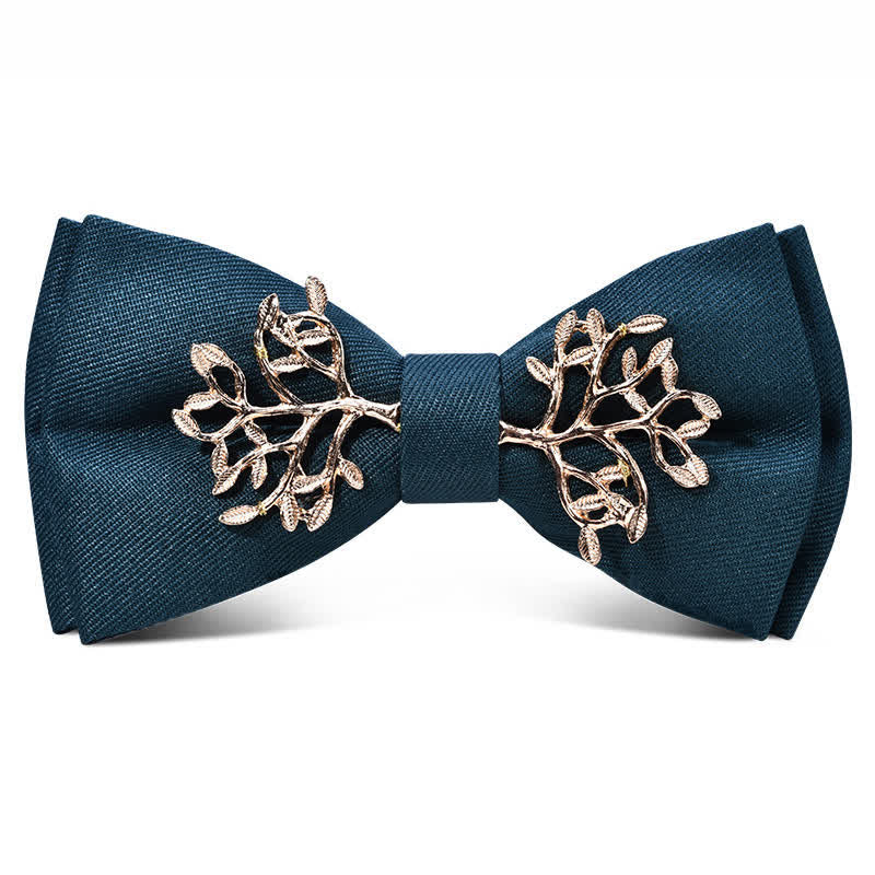 Men's Dark Burgundy Gold Metal Flower Leaves Bow Tie - Image 2