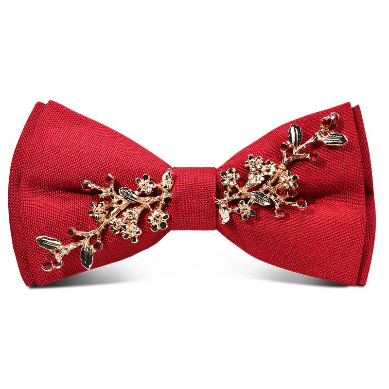 Men's Dark Burgundy Gold Metal Flower Leaves Bow Tie - Image 3