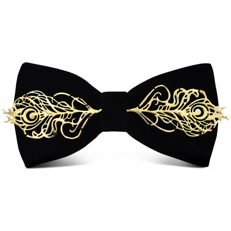 Men's Dark Burgundy Gold Metal Flower Leaves Bow Tie - Image 4