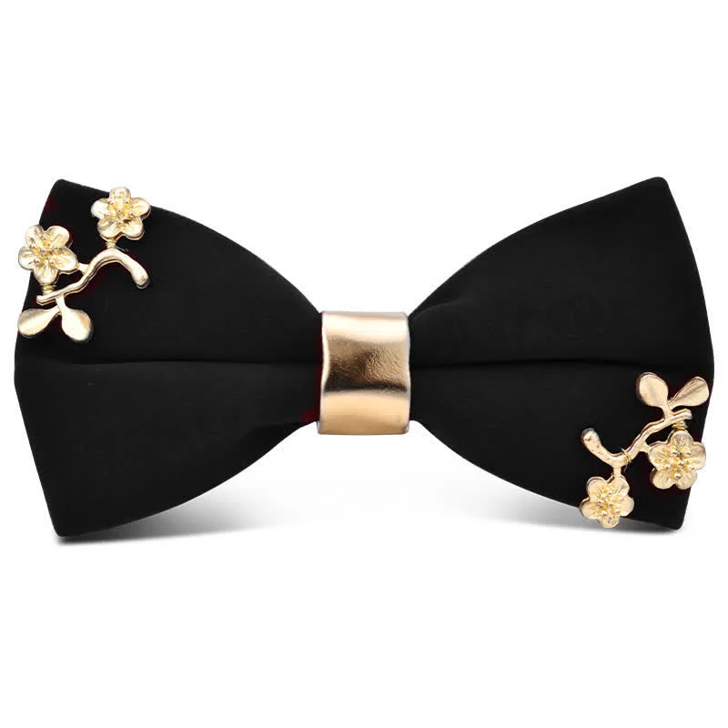 Men's Dark Burgundy Gold Metal Flower Leaves Bow Tie - Image 5
