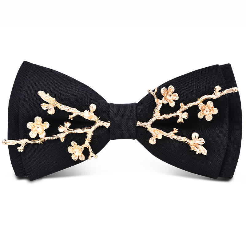 Men's Dark Burgundy Gold Metal Flower Leaves Bow Tie - Image 6