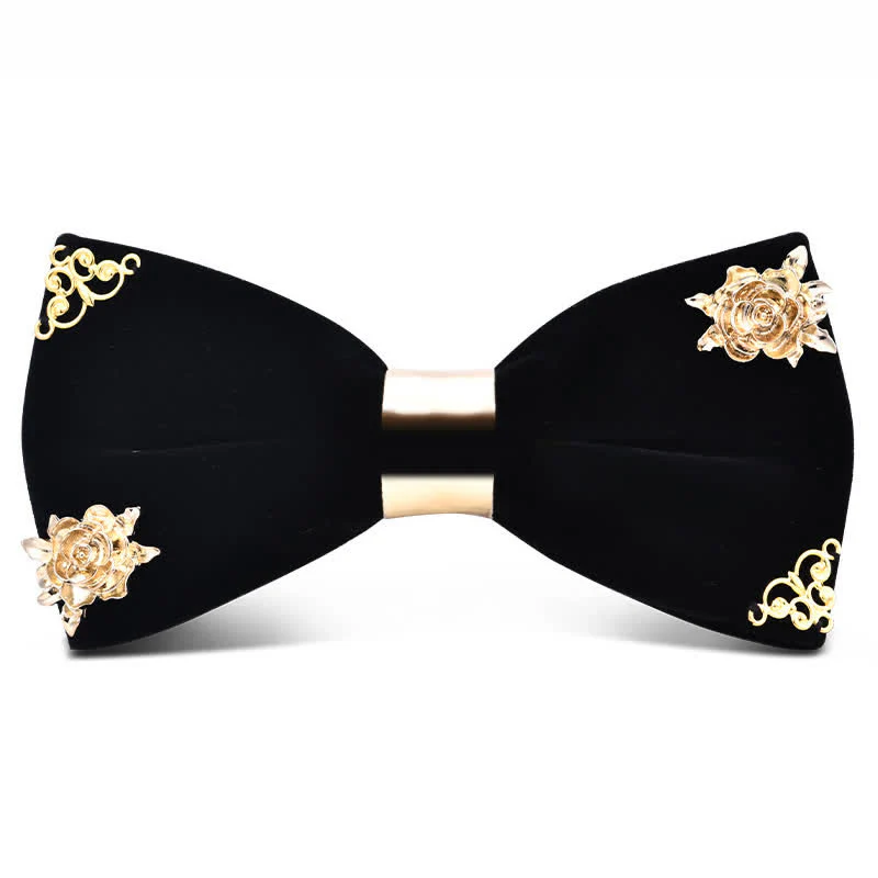 Men's Dark Burgundy Gold Metal Flower Leaves Bow Tie - Image 7