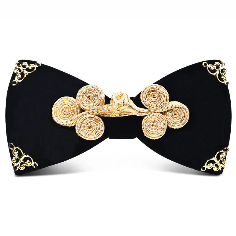Men's Dark Burgundy Gold Metal Flower Leaves Bow Tie - Image 8