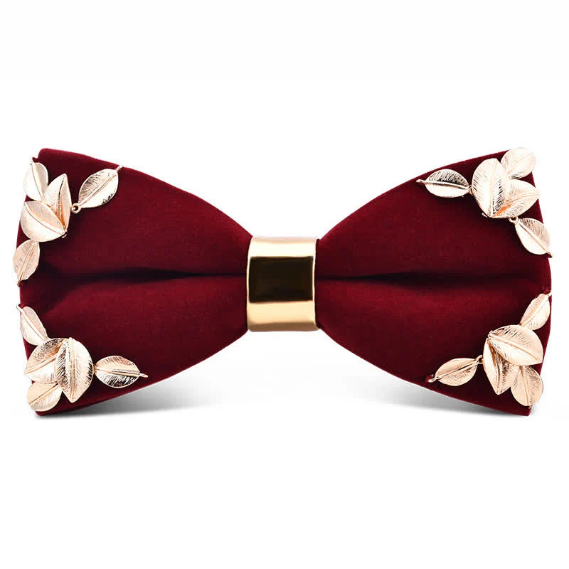 Men's Dark Burgundy Gold Metal Flower Leaves Bow Tie - Image 9