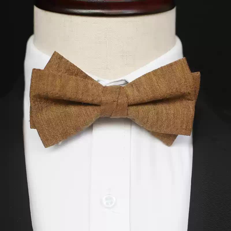 Men's Dark Goldenrod Solid Color Linen Bow Tie - Image 11