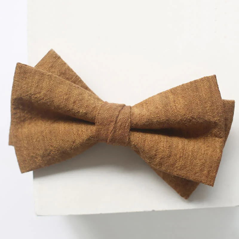 Men's Dark Goldenrod Solid Color Linen Bow Tie - Image 12
