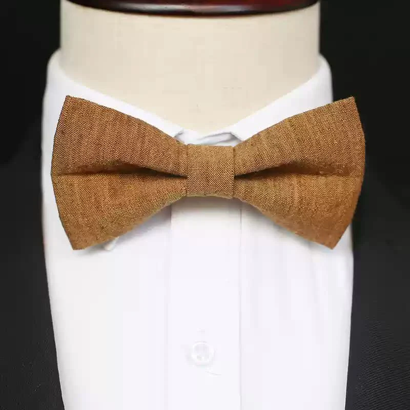 Men's Dark Goldenrod Solid Color Linen Bow Tie - Image 3