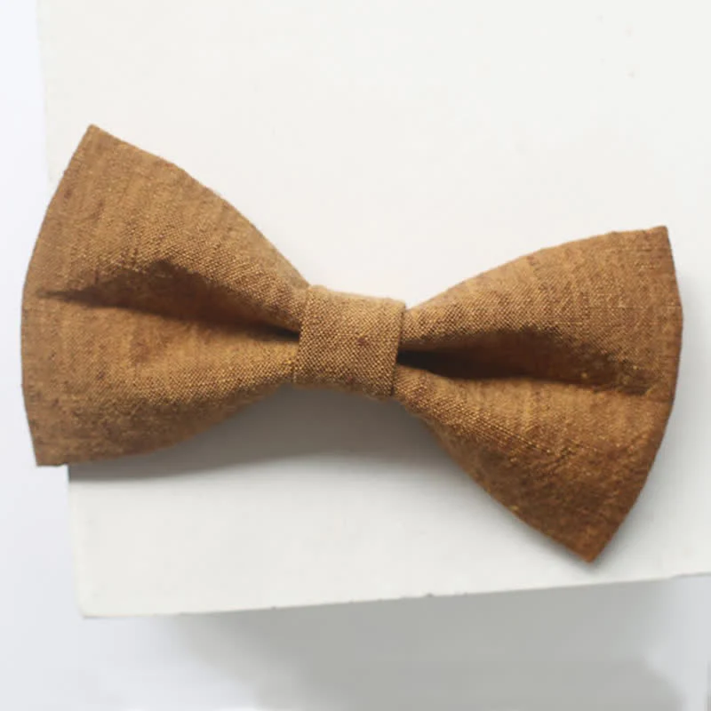 Men's Dark Goldenrod Solid Color Linen Bow Tie - Image 4
