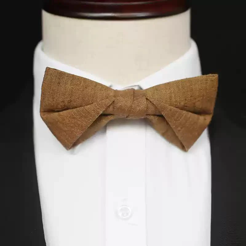 Men's Dark Goldenrod Solid Color Linen Bow Tie - Image 5