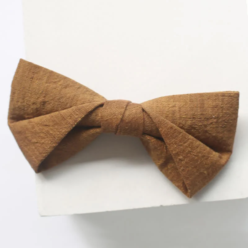 Men's Dark Goldenrod Solid Color Linen Bow Tie - Image 6