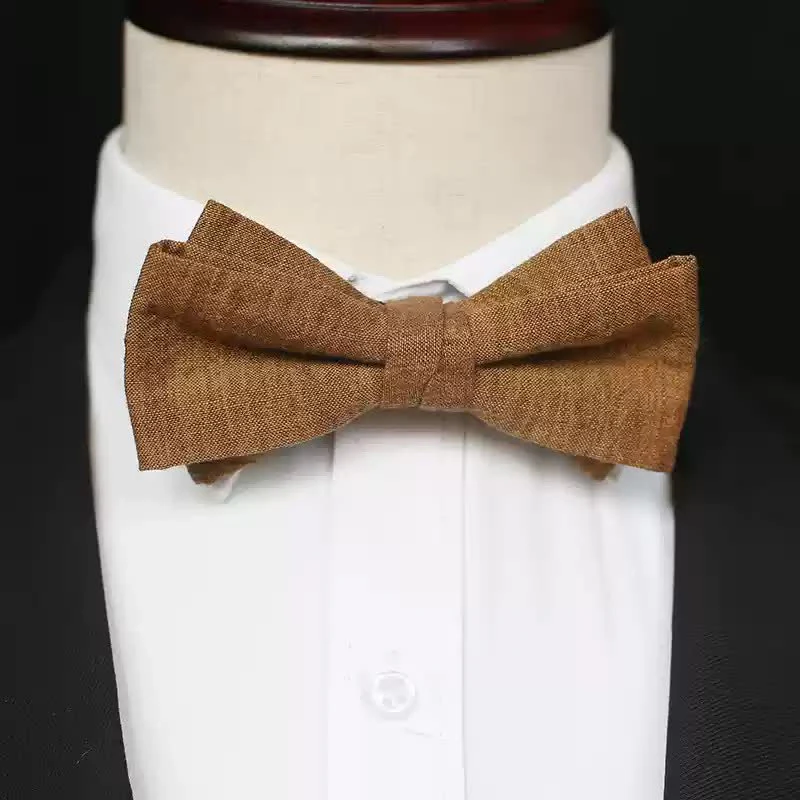 Men's Dark Goldenrod Solid Color Linen Bow Tie - Image 7