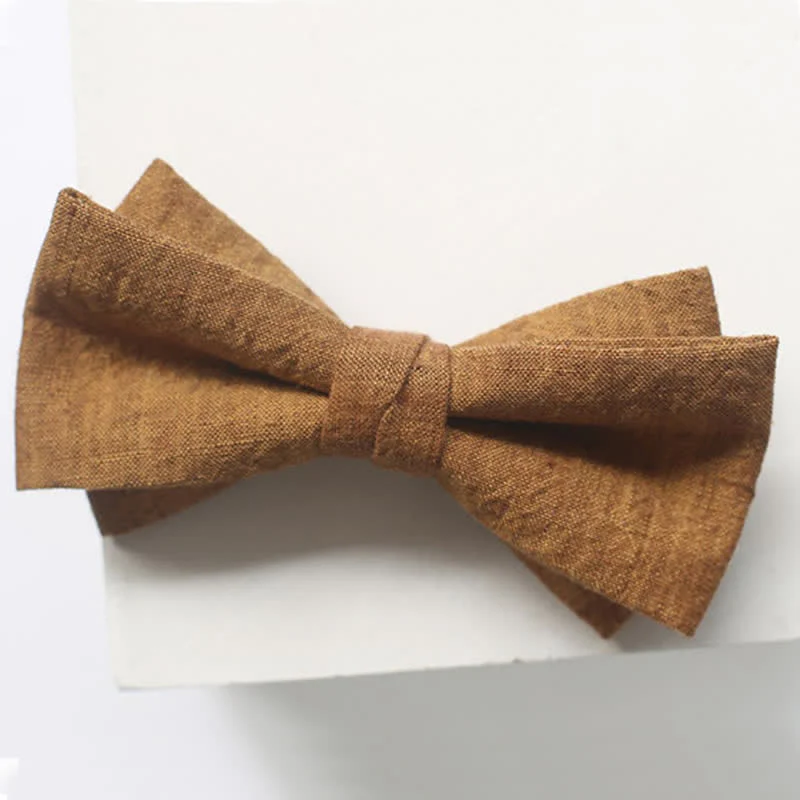 Men's Dark Goldenrod Solid Color Linen Bow Tie - Image 8