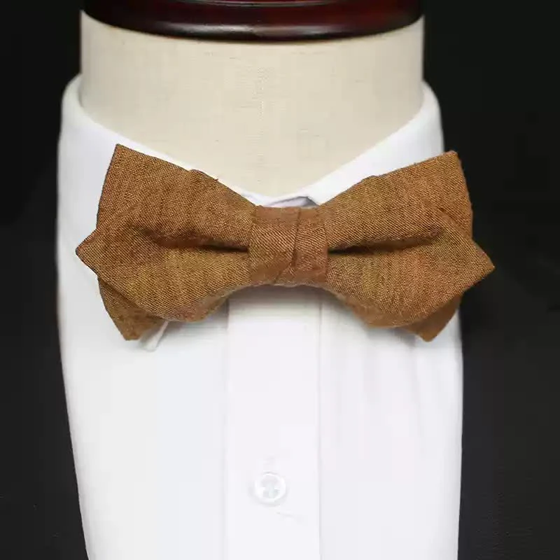 Men's Dark Goldenrod Solid Color Linen Bow Tie - Image 9