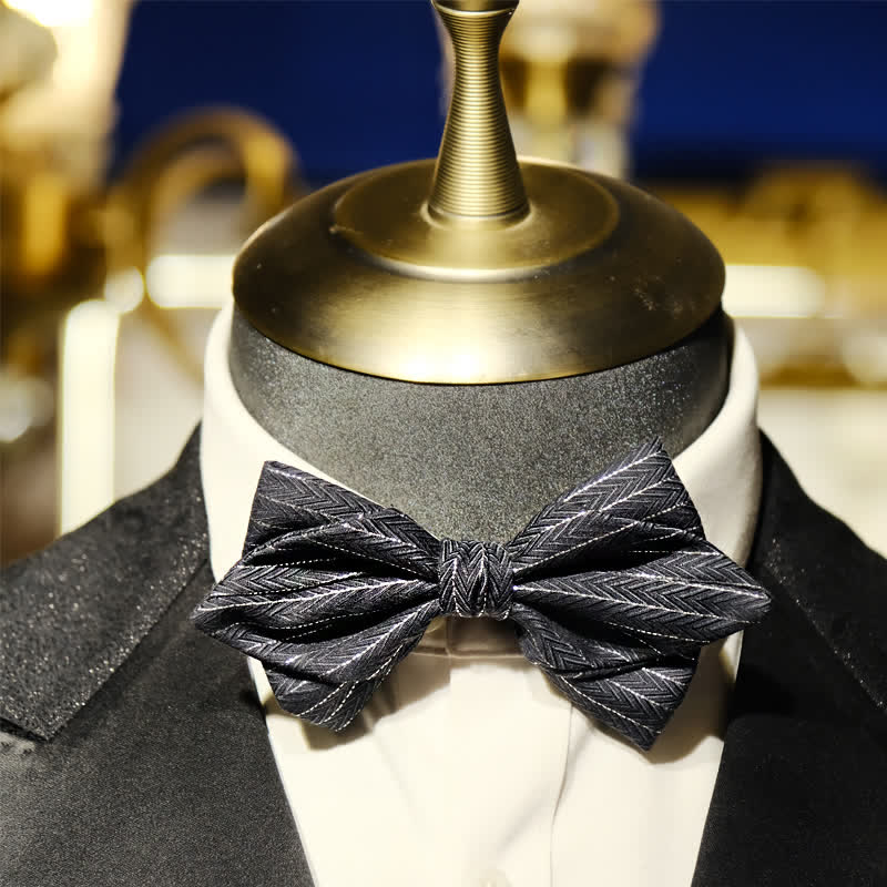 Men's Dark Gray Striped Herringbone Pattern Bow Tie - Image 11