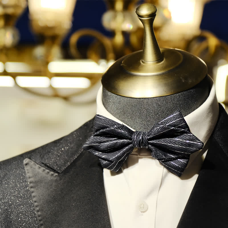 Men's Dark Gray Striped Herringbone Pattern Bow Tie - Image 12