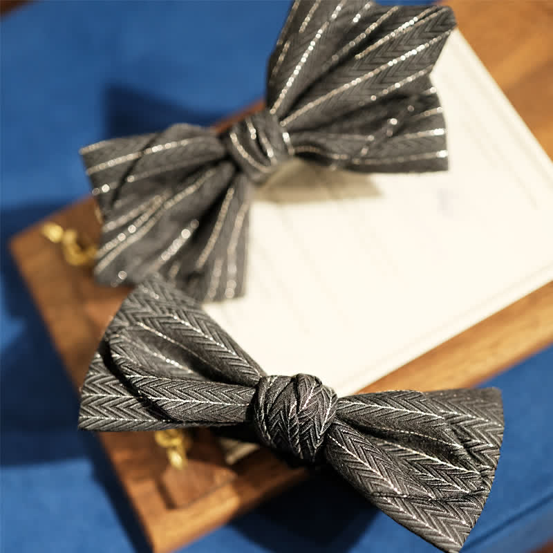 Men's Dark Gray Striped Herringbone Pattern Bow Tie - Image 2