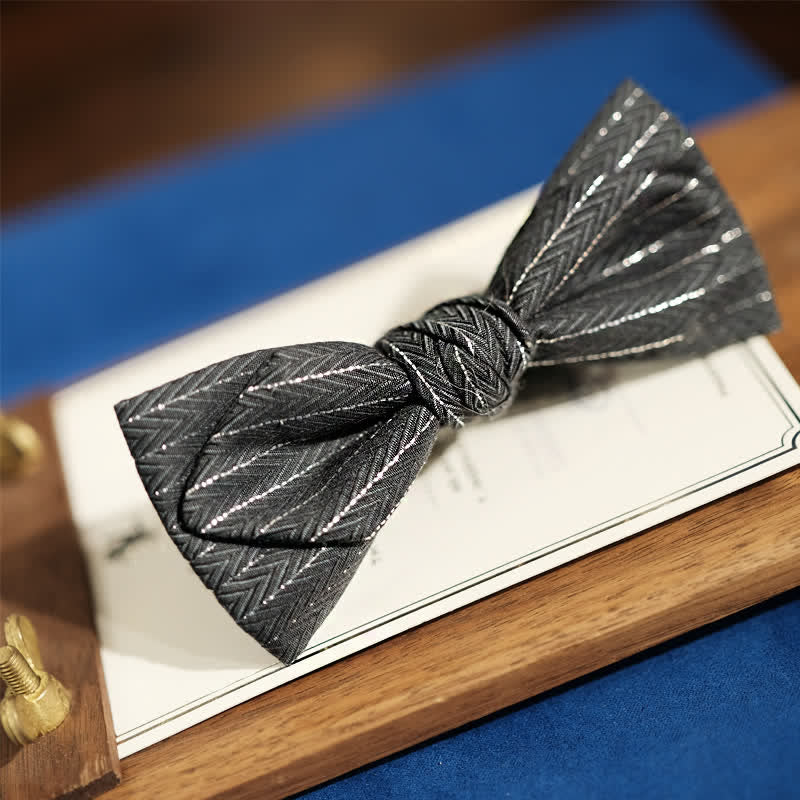Men's Dark Gray Striped Herringbone Pattern Bow Tie - Image 3