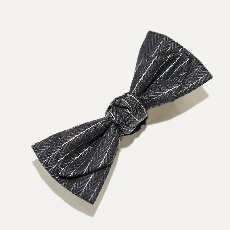 Men's Dark Gray Striped Herringbone Pattern Bow Tie - Image 5
